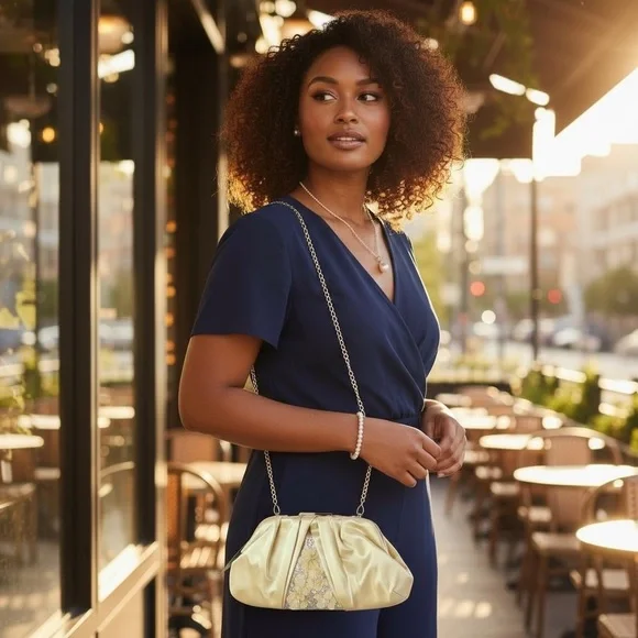 New Badgley Mischka Gold Satin Clutch w/ Pearl Flowers NWT Retail $179 - Picture 7 of 12